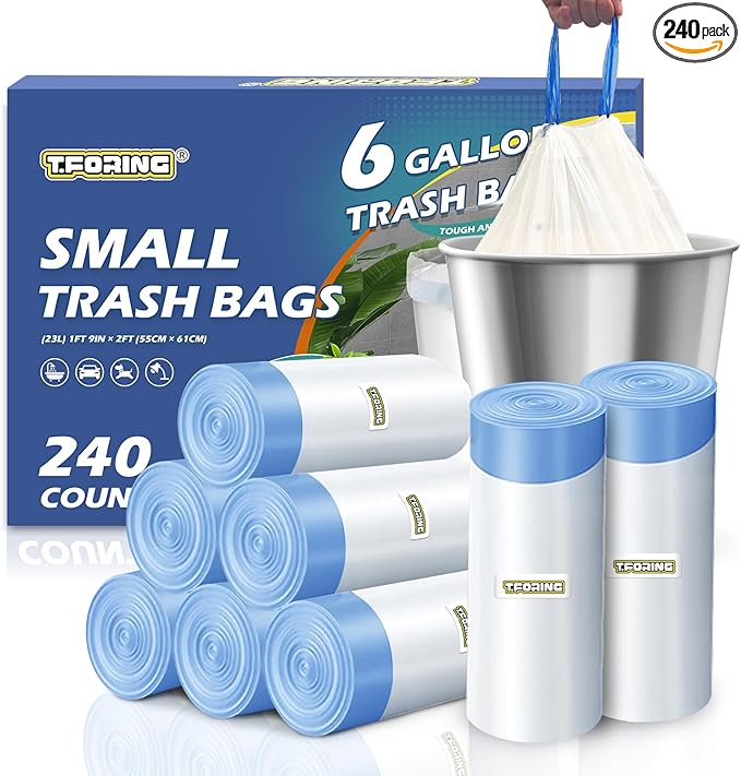 240 Count 6 Gallon Trash Bags Drawstring - Medium Garbage Bags 1.1 Mil,22.5 Liter Strong Plastic Trash Can Liners Unscented,Thick Waste Basket Bags for Home Bathroom Office Kitchen