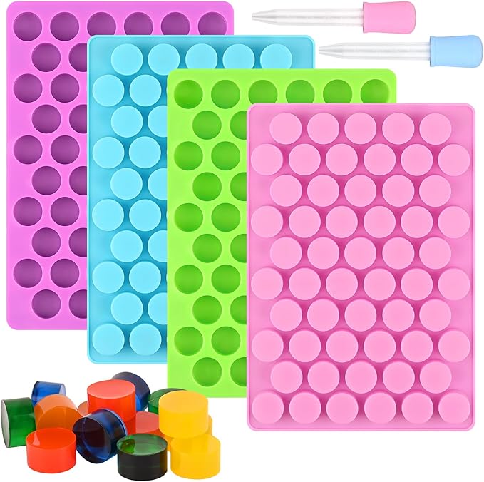 Sakolla Round Candy Molds Silicone, 220 Cavities Mini Cylinder Molds for Chocolate, Hard Candy, Gummy, Ganache, Ice Cubes, Set of 4 with 2 Droppers