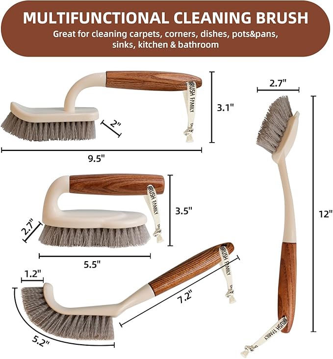 4-Pack Heavy Duty Scrub Brushes Set with Wooden Handles, Triangle & Square Floor Scrubber, Dish Brush, Grout Cleaner for Kitchen, Bathroom, Tile, Carpet & Stubborn Stains Removal