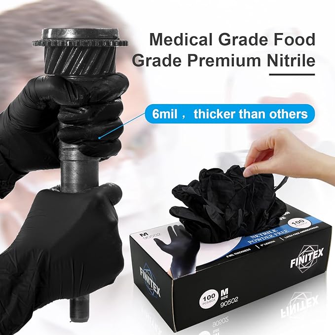 FINITEX Black Nitrile Disposable Medical Exam Gloves - 100/1000 PCS 6.3mil Gloves Powder-Free Latex-Free Food Gloves