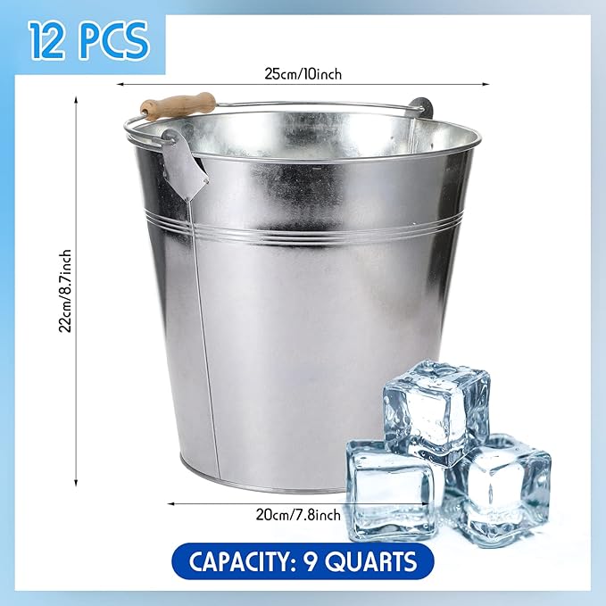 12 Pcs Large Galvanized Metal Buckets with Handle 10 Inch Heavy Duty Stainless Steel Pails Round Pail for Party Wedding, Crafts, Utensils, Table Centerpieces (Silver)