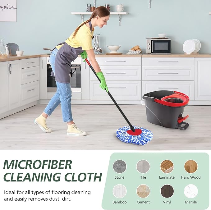 4 Pack Spin Mop Refill Replacement Head Compatible with EasyWring 1-Tank System Spinning Mop, with 1 Swivel Mop Base, 100% Microfiber Deep Cleaning Machine Washable - Blue