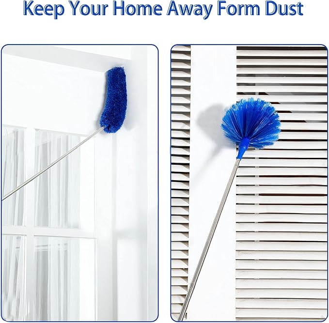 Duster, Microfiber Dusters with 2 Handle Sets, Durable 15-98.1 Inches Long Telescopic Rod, Washable, Feather Dusters for Cleaning Cobweb and Ceilings Fans, 5 Pack (Blue)