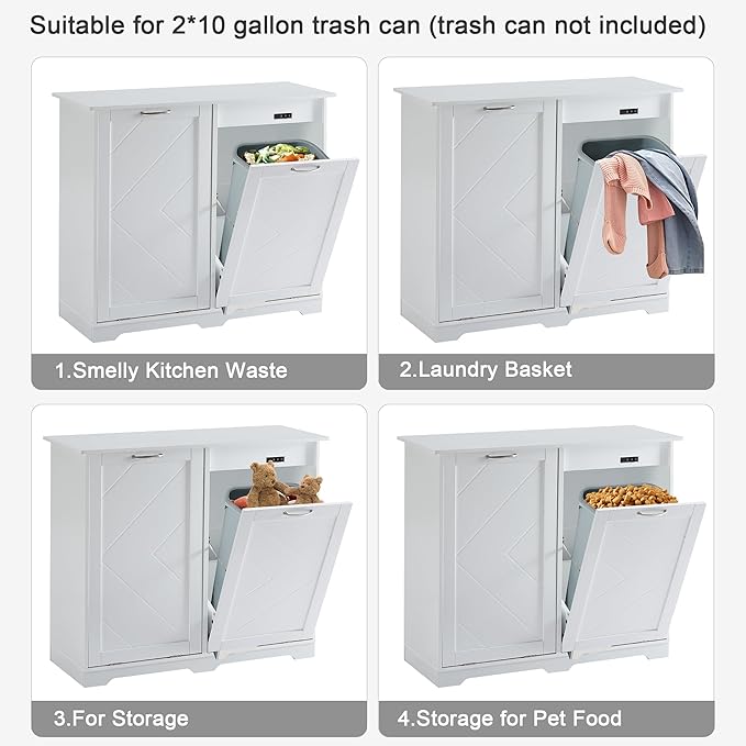 VECELO Double Tilt Out Kitchen Trash Bin Cabinet Dog Proof Garbage Can with Wood Holder Free Standing Recycling, White