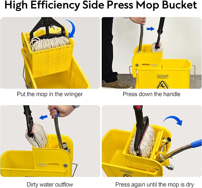 Matthew Cleaning 22 Quart Compact Mop Bucket INCL.2 Pack Mop Head with Side Press Wringer On Wheels,Tandem Portable Floor Cleaning Wavebrake,Ideal for Household,Industrial,Restaurant,Janitorial Use