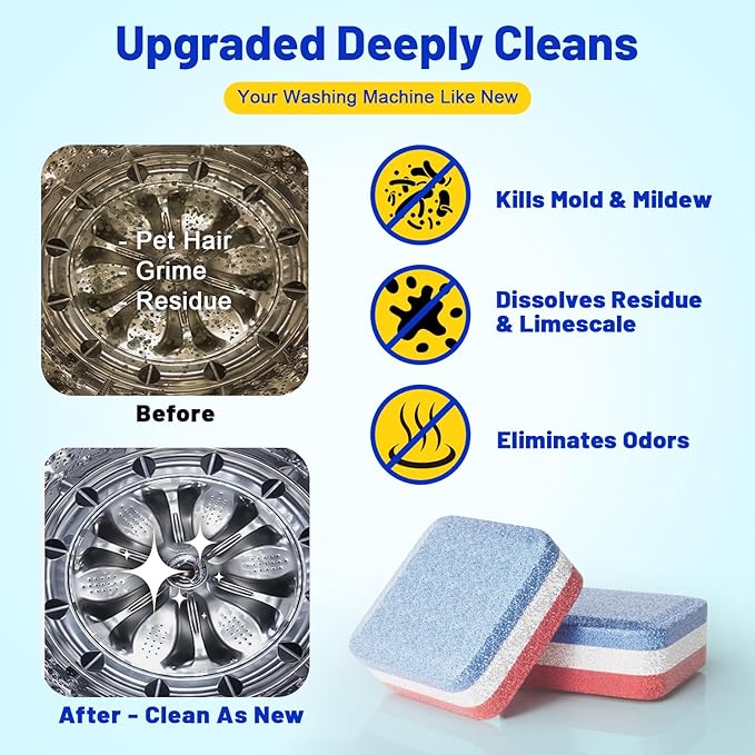 Washing Machine Cleaner Tablets Ultra - Designed for Pet Owners, Removes Residue, Grime & Odors, with Mold Cleaning Gel&Brush, Compatible with HE, Top&Front Load, 30 Tablets-12+ Month Supply