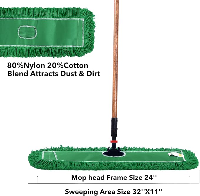 Matthew Cleaning 24'' Industrial Strength Cotton Dust Mop Refill Washable Replacement Heads for Residential & Commercial Use Fit Standard Dust Mop Frames, Hardwood,Concrete Floors Green 3 Pack