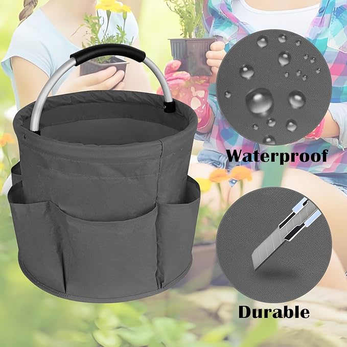 17L Cleaning Caddy with Handle, Garden Tool Organizers Bag, Cleaning Bucket Organiser, Foldable Gardening Bags Multi Pocket, Grey