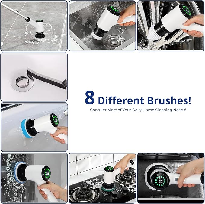 Electric Spin Scrubber for Cleaning-2 Adjustable Speeds,8 Cleaning Brushes,Cordless Cleaning Tools, Shower Scrubber with Long Handle,Power Scrubbers for Cleaning Bathroom, Tile Tub