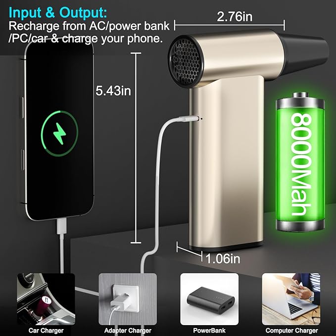 Electric Air Duster, 260000RPM Super Power Cordless Air Duster, Rechargeable Brushless Motor Durable Blower, 4-Gear Adjustable Dust Blower, Fast Charging, for Computer, Keyboard, Outdoor, House Car