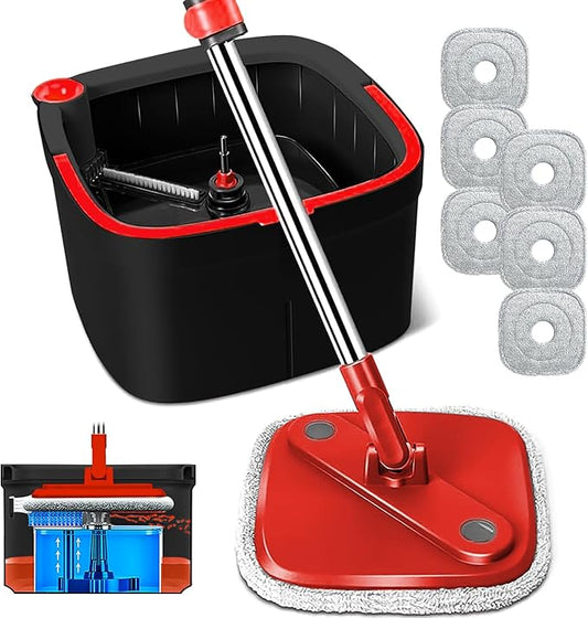 Spin Mop and Bucket Set with Separation Dirty and Clean Water System, Self Wringing 360° Rotating Clean Mop-Head and Bucket Set for Hardwood Tile Marble Floor with 6Pads-Black+Red