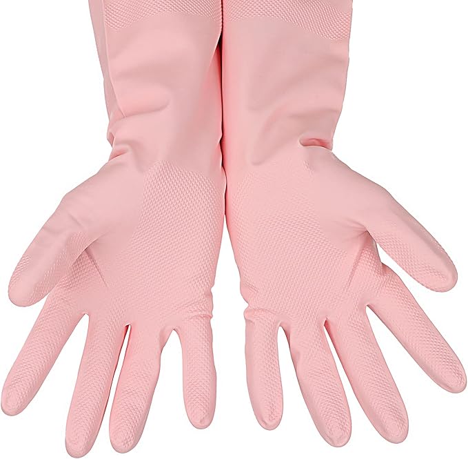 3 Pairs Rubber Cleaning Gloves Latex Free Dishwashing Gloves - 13" Reusable Nitrile Gloves Large, Green+Pink+Red