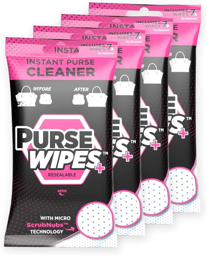 SneakERASERS: PurseWIPES Purse Cleaner Wipes - Portable Leather Wipes for Bags, Purses, and Backpacks, Dirt and Scuff Remover with Innovative ScrubNubs, Perfect for Quick Cleaning, (28 wipes)