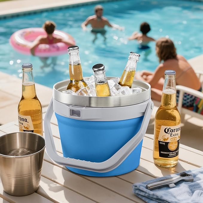 COKTIK 7L Insulated Ice Bucket with Lid，Double Wall Vacuum Stainless Steel Beverage Bucket Keeps Frozen Longer，Holds 6 Longnecks or 3 Bottles of Wine，for Cocktail, Champagne, Large Parties(Blue)