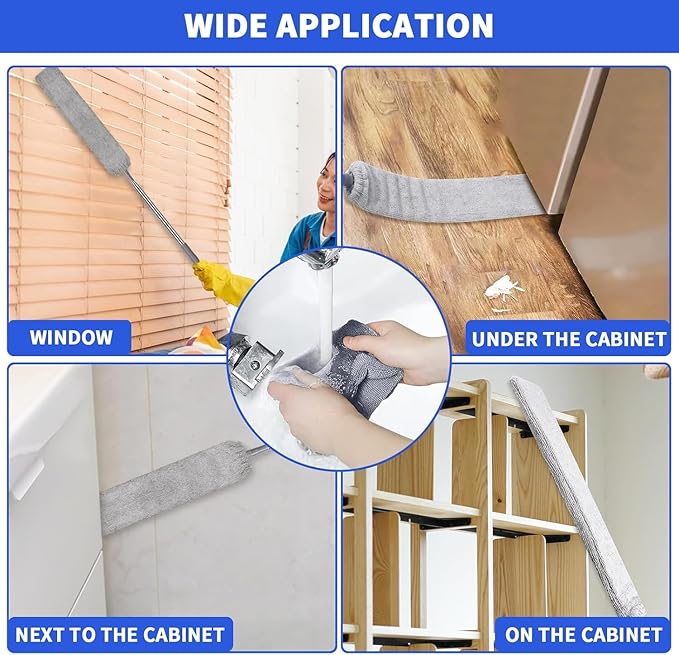 Retractable Gap Dust Cleaner, 4 Microfiber Dusting Cloths Long, Ceiling Fan Cleaner Duster with Stainless Steel Handle Washable Cleaning Tools, Extendable Duster, High Ceiling, Blinds