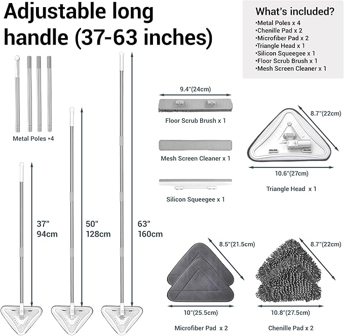 7-in-1 Triangle Mop Set with 7 Replaceable Heads and Adjustable Long Handle for Walls, Floors, Windows, Baseboards (White)