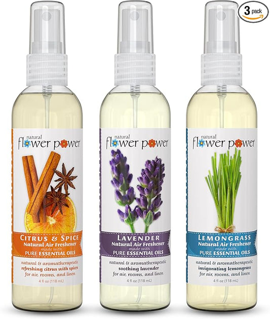Natural Flower Power Air Freshener Spray - Odor Eliminator with Essential Oils for Home, Car & Fabric - Cruelty Free & Vegan - Variety Pack - Citrus & Spice + Lavender + Lemongrass - 3 x 4 fl oz