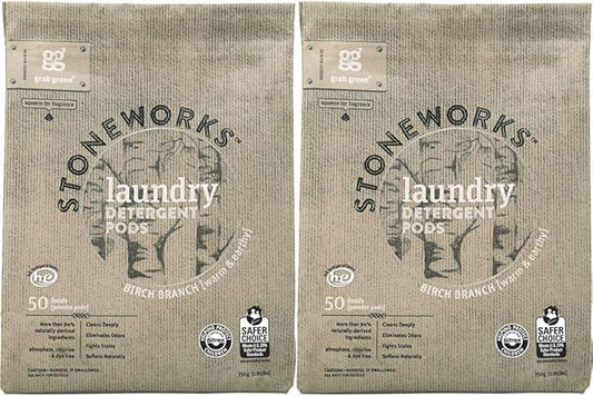 Grab Green Stoneworks Laundry Detergent Pods, 100 Count, Birch Branch Scent, Plant and Mineral Based, Cleans Deeply, Eliminates Odors, Fights Stains,