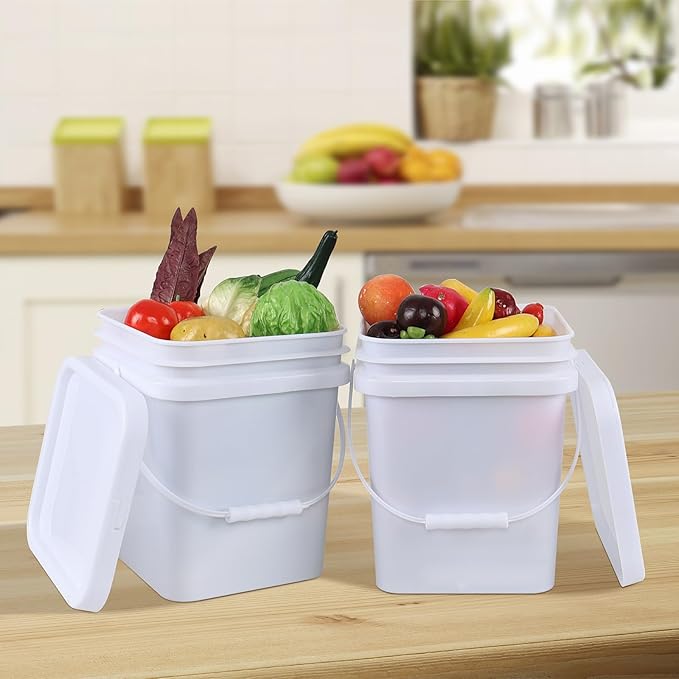 Square White Plastic Bucket with Sealable Lid, 4.8 Gallon Food Grade Storage Bucket, 4 Pack