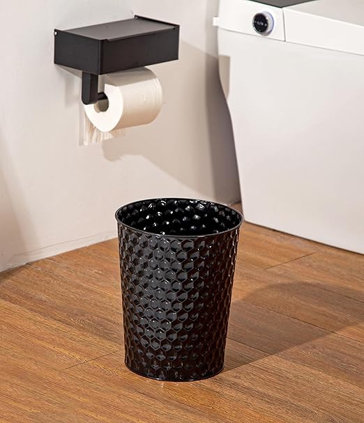 Small Metal Trash Can Wastebasket, Decorative Honeycomb Garbage Can Waste Basket, Modern Farmhouse Round Trash Bin for Bathroom, Bedroom, Kitchen and Office (Black)