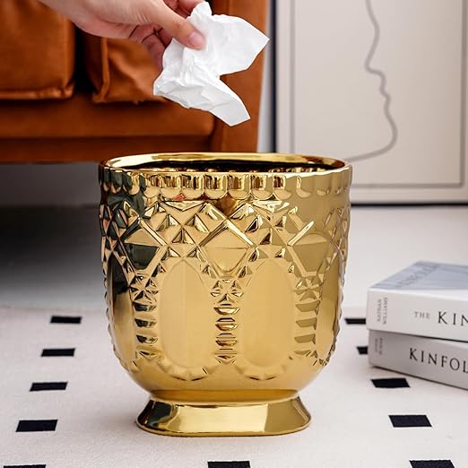 Modern Golden Trash Can, Ceramic Waste Container Garbage Receptacle Bin for Bathrooms, Powder Rooms, Kitchens - Stylish Wastebasket Garbage Can for Home & Office