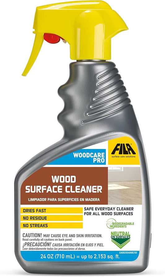 FILA Surface Care Solutions WOODCARE PRO Surfaces, Suitable Floor Spray, Furniture Cleaner, Dries Fast, Does not Damage Wood Kitchen, No Color, 24 Fl Oz