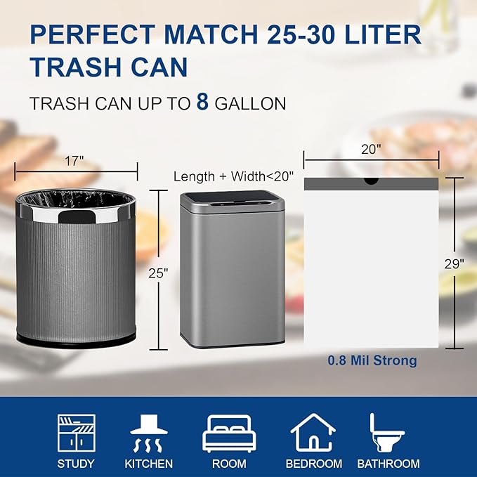 Drawstring Trash Bags for 8-Gallon (30L) Trash Cans, Kitchen Garbage Bags, Pre-Separated, 2 Rolls, 80 Count White Waste Basket Liners For Home Office Kitchen Bathroom Bedroom Pets Livingroom