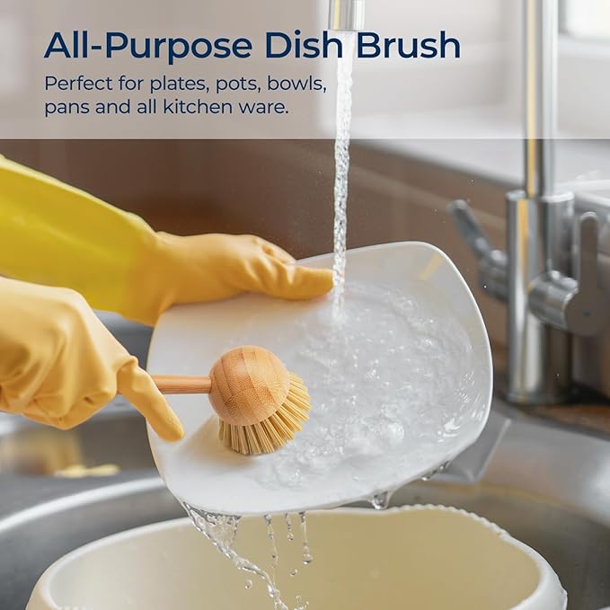 2 Pack Dish Brush with Handle, Bamboo Dish Scrub Brush, Kitchen Brushes for Dishes, Scrubber, Pots, Pans, Sink, Dishwashing Cleaning Brush