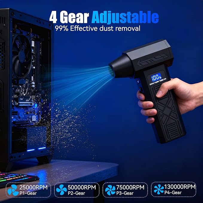 Compressed Air Duster-130000RPM Super Power Electric Air Duster, 4-Gear Adjustable Mini Blower with Type-C Fast Charging, Dust Blower for Computer, Keyboard, House, Outdoor and Car