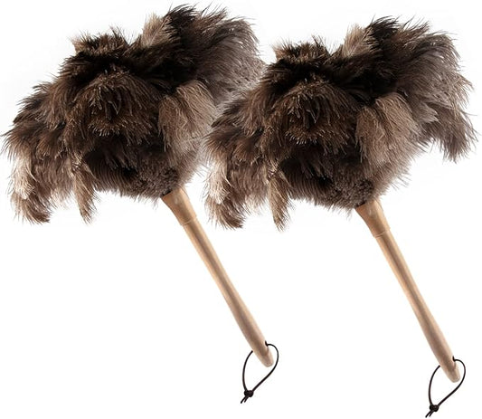 THARAHT 2PCS Ostrich Feather Duster 16 Inch Fluffy Natural with Wood Handle Reusable Washable for Cleaning Keyboard,Home,Car,Office Ostrich Feather Duster