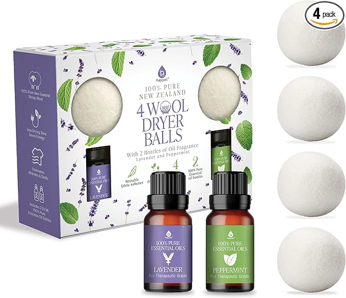Pursonic 4-Pack Laundry Wool Dryer Balls with Lavender & Peppermint Essential Oil Scent - Reusable Fabric Softener Balls Made from Pure New Zealand Wool - 2.75" Diameter