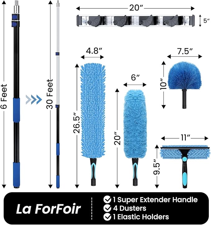 36ft High Ceiling Duster Kits with 5-30ft Heavy Duty Extension Pole - Fan Blade Cleaner, Cobweb Remover & Blue Window Squeegee Kit, Washable Dust Brush for High Roof and Glass Surfaces