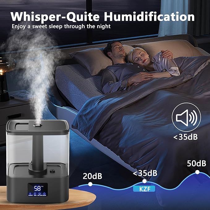 KZF 4L Top Fill Humidifiers for Bedroom & 60H Runtime - Cool Mist Humidifier, 3 Mist Levels, 8H Timer, Essential Oil Tray, Humidity Display, Quiet for Bedroom, Baby, Plants, Large Room