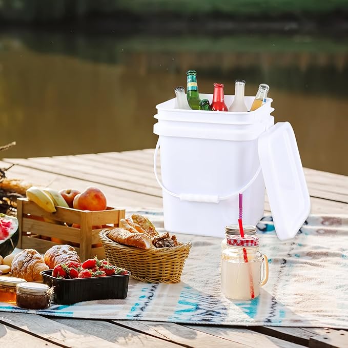 4 Pcs 5 Gallon Plastic Bucket with Airtight Lid, Square Food Plastic Bucket Pail, Heavy Duty Reusable Water Bucket with Handle