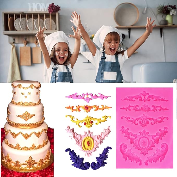 Rainmae 6 Pcs Baroque Style Curlicues Scroll Lace Fondant Silicone Mold, Relief Flower Lace Mould Filigree Mold 3D Sculpted Decoration, Cupcake Topper, Jewelry, Polymer Clay, Crafting Projects