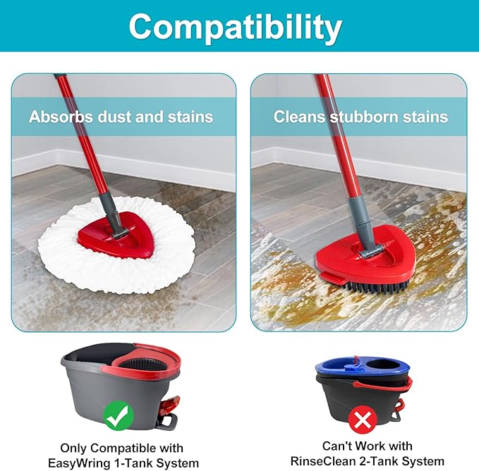 Spin Mop Replace Head, Base, Mop Handle Replacement for OCedar EasyWring 1 Tank System - Include 2 Microfiber Mop Head Replacement, 1 Sturdy Iron 30-58" Mop Handle, Head Cover and Scrubber