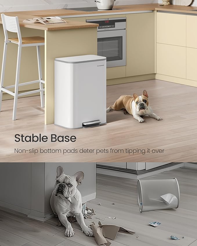 SONGMICS Kitchen Trash Can, 13-Gallon (50 L) Garbage Can with Lid, Stainless Steel, Soft Close and Stays Open, Inner Bucket, Wide Non-Slip Pedal, Cloud White ULTB547W01