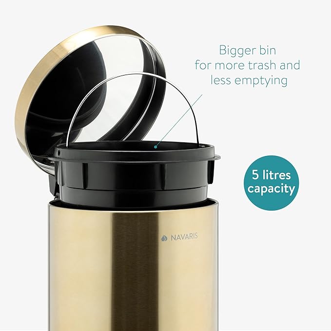 Navaris Small Gold Trash Can - 1.3 Gallon (5 Liter) Trash Can with Step Pedal, Lid and Removable Inner Bucket for Bathroom Kitchen Office or Bedroom