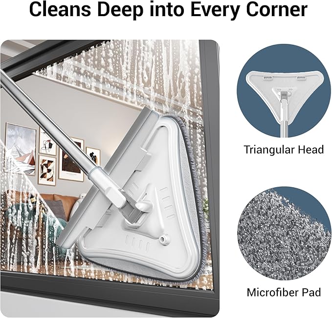 7-in-1 Triangle Mop Set with 7 Replaceable Heads and Adjustable Long Handle for Walls, Floors, Windows, Baseboards (White)