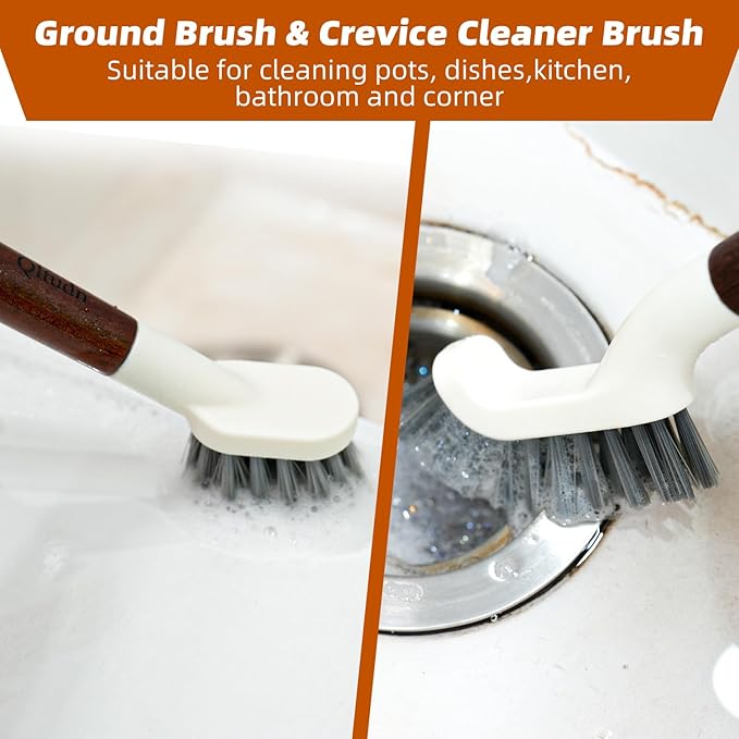 4-Pack Heavy Duty Scrub Brushes with 11" Sapele Wood Handle – PBT Bristles & TPR Loop – Kitchen, Bathroom, Grout, Dish & Tile Cleaner – Durable Non-Slip Multi-Surface Cleaning Brush Set