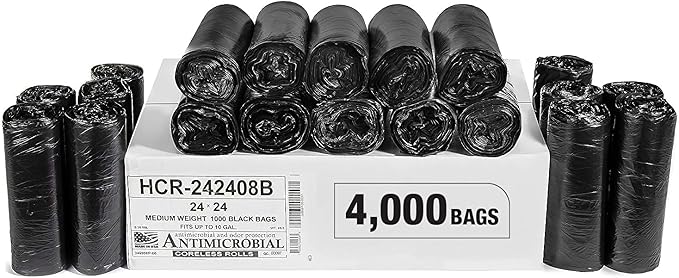Aluf Plastics High Density Trash Bags, 10 Gallon, 4000 Count, 8 Micron (eq), 24" x 24", Black, for Bathroom, Office, Industrial, Commercial, Janitorial, Municipal, Recycling
