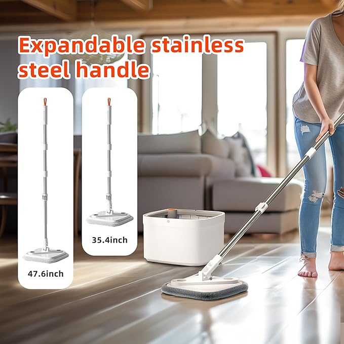 Spin Mop and Bucket Set with Self Separation System 360° Spinning Self-Wringing, Square Clean Mop and Bucket with Wringer-with Replaceable Mop (Light Grey Mop and Bucket Set 14pads)