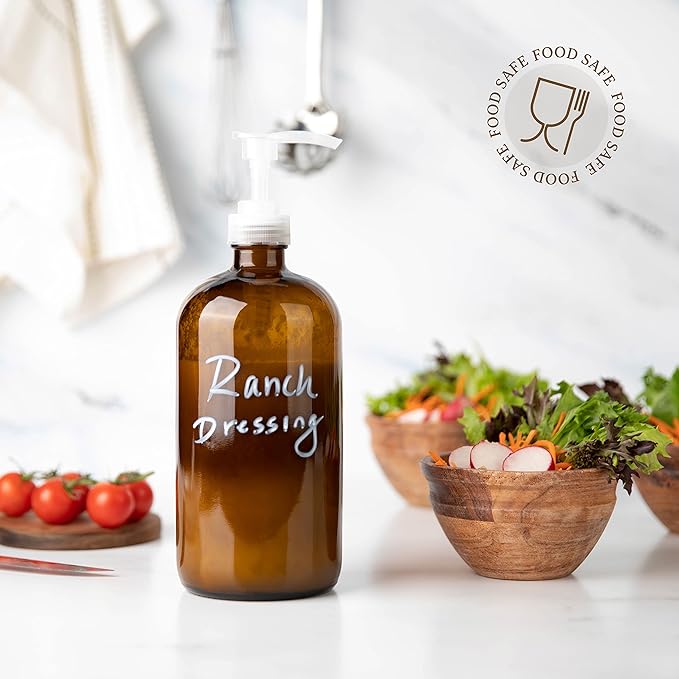 kitchentoolz 32 Ounce Large Amber Glass Boston Round Bottles w/Natural Color Pumps. Great for Lotions, Soaps, Laundry Detergent and Essential Oils - Food Safe and Medical Grade (Pack of 2)