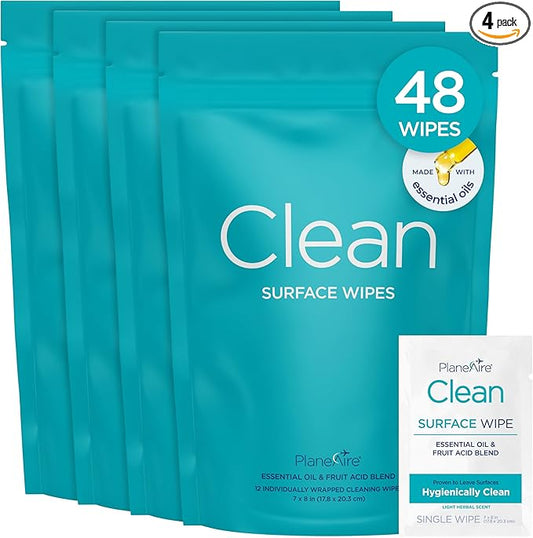Clean Wipes | Surface Cleaning Wipes | Individually Wrapped Travel Wipes | All Purpose Cleaning Wipes | Airplane Travel Essentials | Travel Cleaning Supplies | On the Go | Essential Oils | 4 Pack