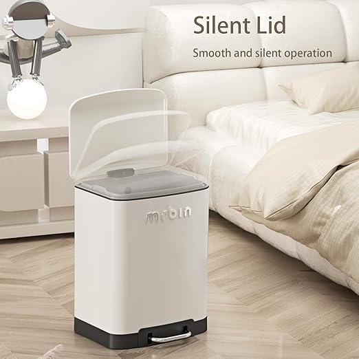 MRBIN Bathroom Trash Can with Lid, Metal Step Small Kitchen Waste Basket Touchless Soft Close, 12L / 3.2gal Rectangle Garbage Bucket with Stainless Steel Pedal for Office, Bedroom Accessories, White