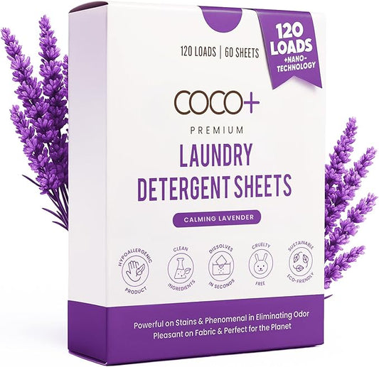 COCO+ Laundry Detergent Sheets - Nano-Concentrated with Enzymes, Hypoallergenic & Plant-Based - Deep Clean, Safe for Sensitive Skin - (120 Loads 60 Sheets) - Calming Lavender