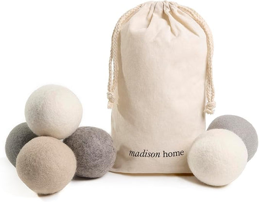 Madison Home Wool Dryer Balls, 6-Pack XL Laundry Dryer Balls, Reusable Natural Fabric Softener, Reduces Wrinkles and Drying Time