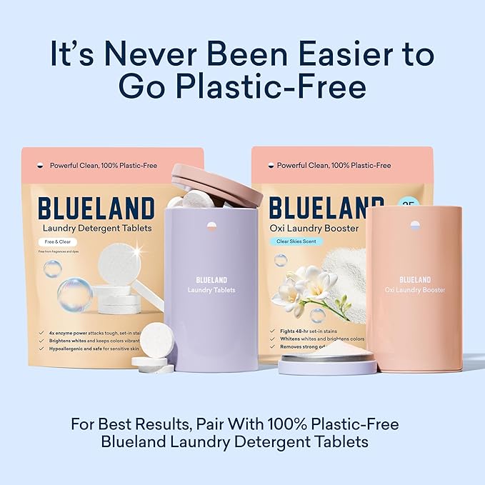 BLUELAND Oxi Laundry Booster Powder with Tin, Starter Set, Clear Skies Scent, 25 Loads, 17.6 oz, Plastic-Free, Eco Friendly, Oxy Cleaner, Stain Remover