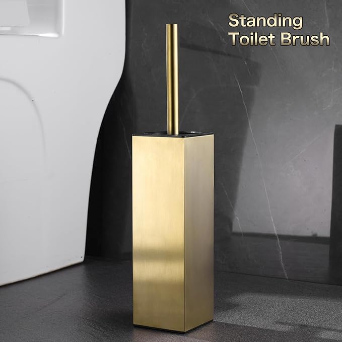 Upright Toilet Brush, Square Toilet Cleaner, Toilet Brush Holder Set Brushed Gold