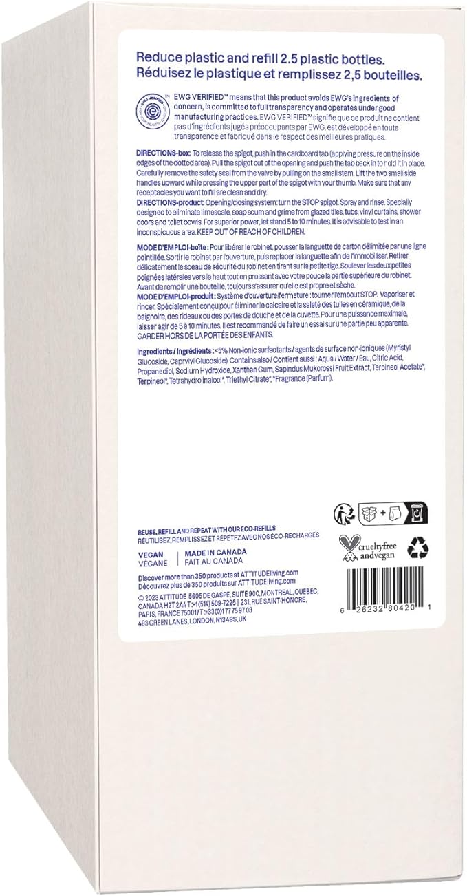 ATTITUDE Bathroom Cleaner Spray Refill, EWG Verified, Plant-Based & Vegan, Safe for Bathroom Surfaces, Tiles, Tubs, Shower Walls, and Grout, Citrus Zest Scent, 67.6 Fl Oz